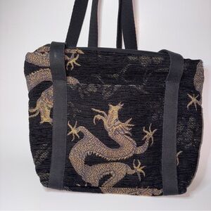 Black Embroidered Shoulder Bag Purse Dragons by Portmanteau USA Made 12”x10”